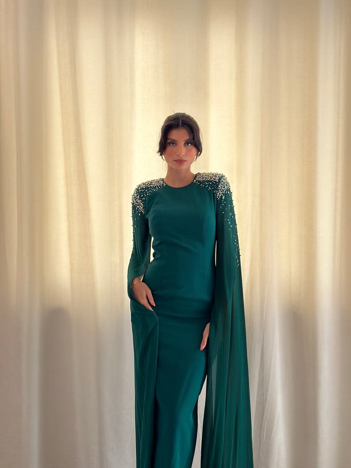 robe de soirée vert émeraude perlée