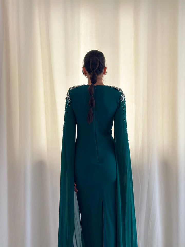 robe de soirée vert émeraude perlée