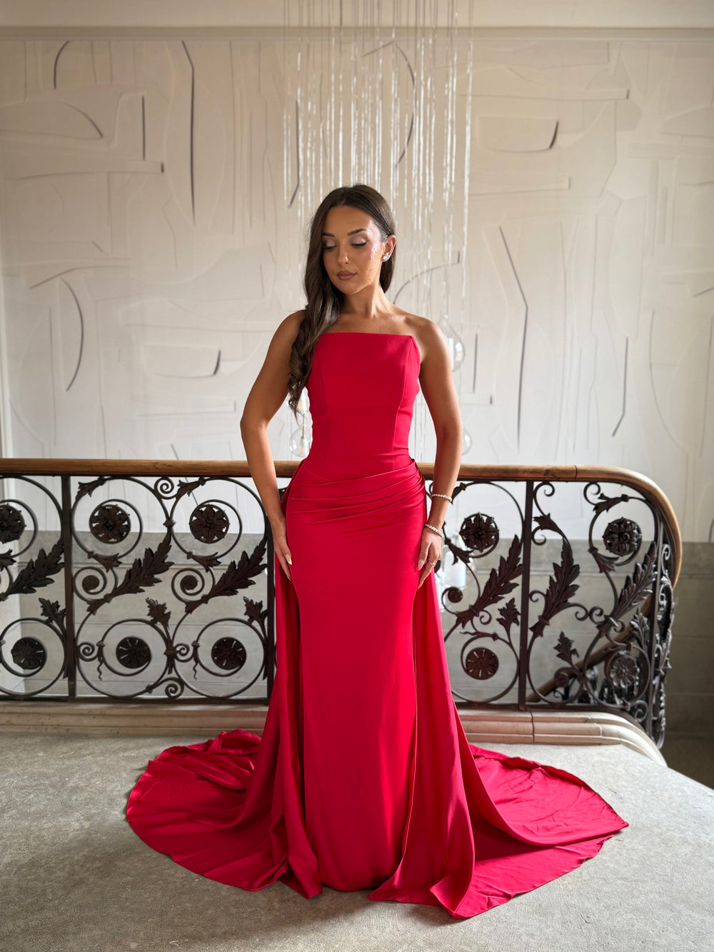 Longue robe de soirée rouge chic, sans fente, sans manche, pour tout type d'événement, gala, cérémonie, mariage