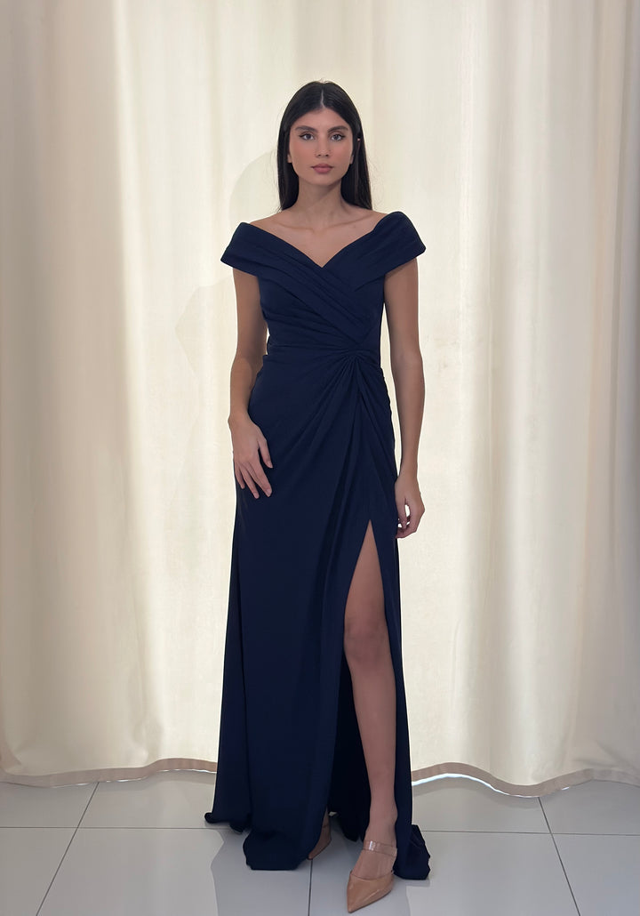 robe de soirée bleu marine col bateau sans manche