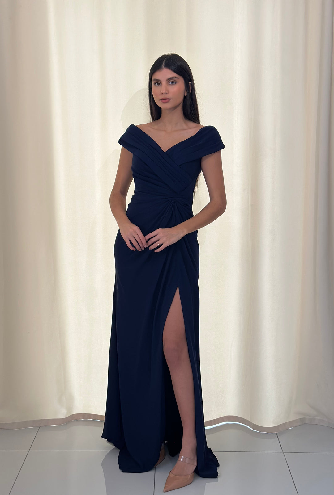 robe de soirée bleu marine col bateau sans manche