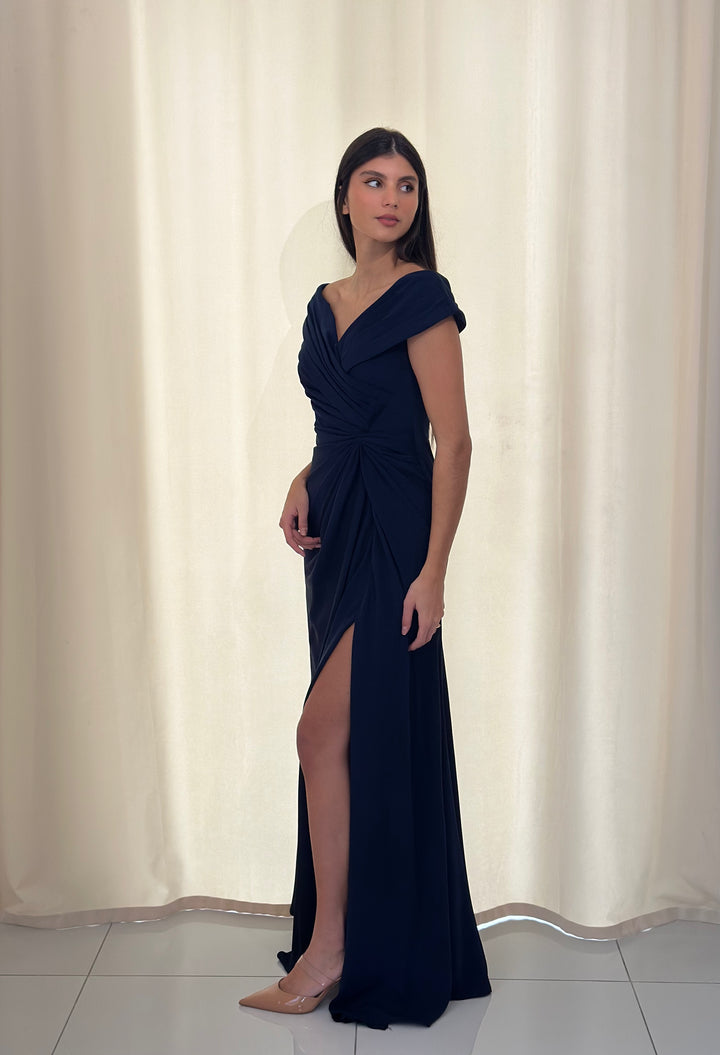 robe de soirée bleu marine col bateau sans manche