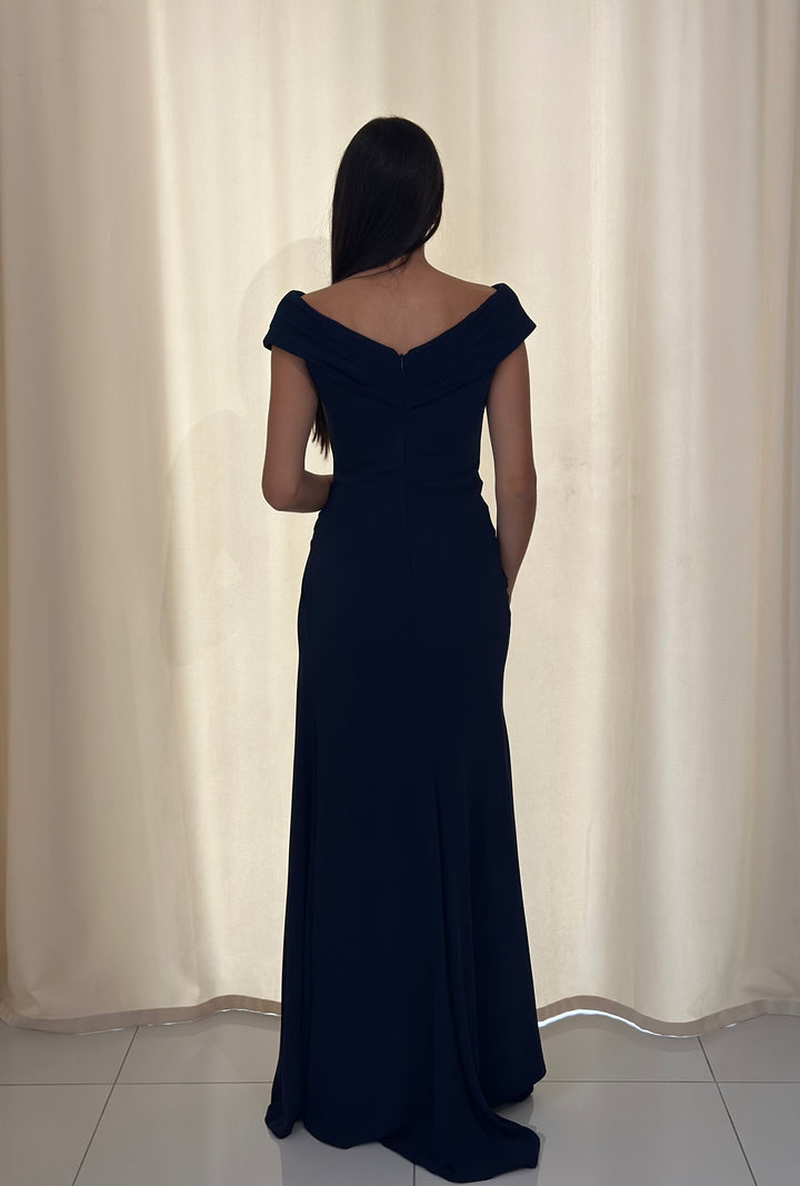 robe de soirée bleu marine col bateau sans manche