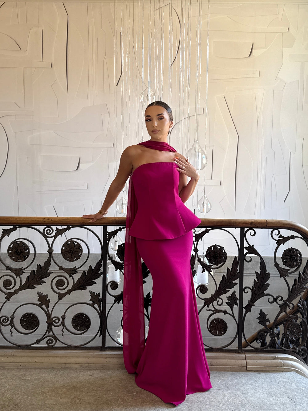 Robe de soirée élégante fushia, sans manche, sans fente