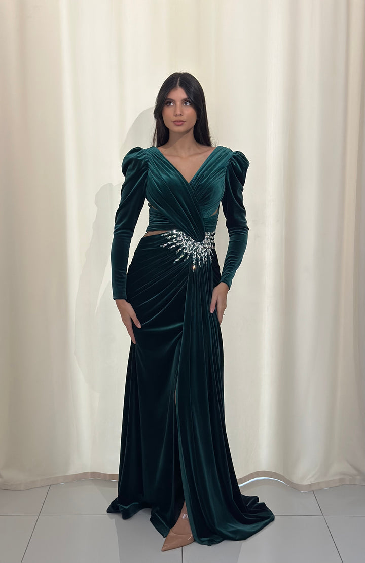 robe de soirée élégante vert en velour