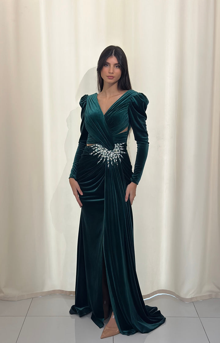 robe de soirée élégante vert en velour