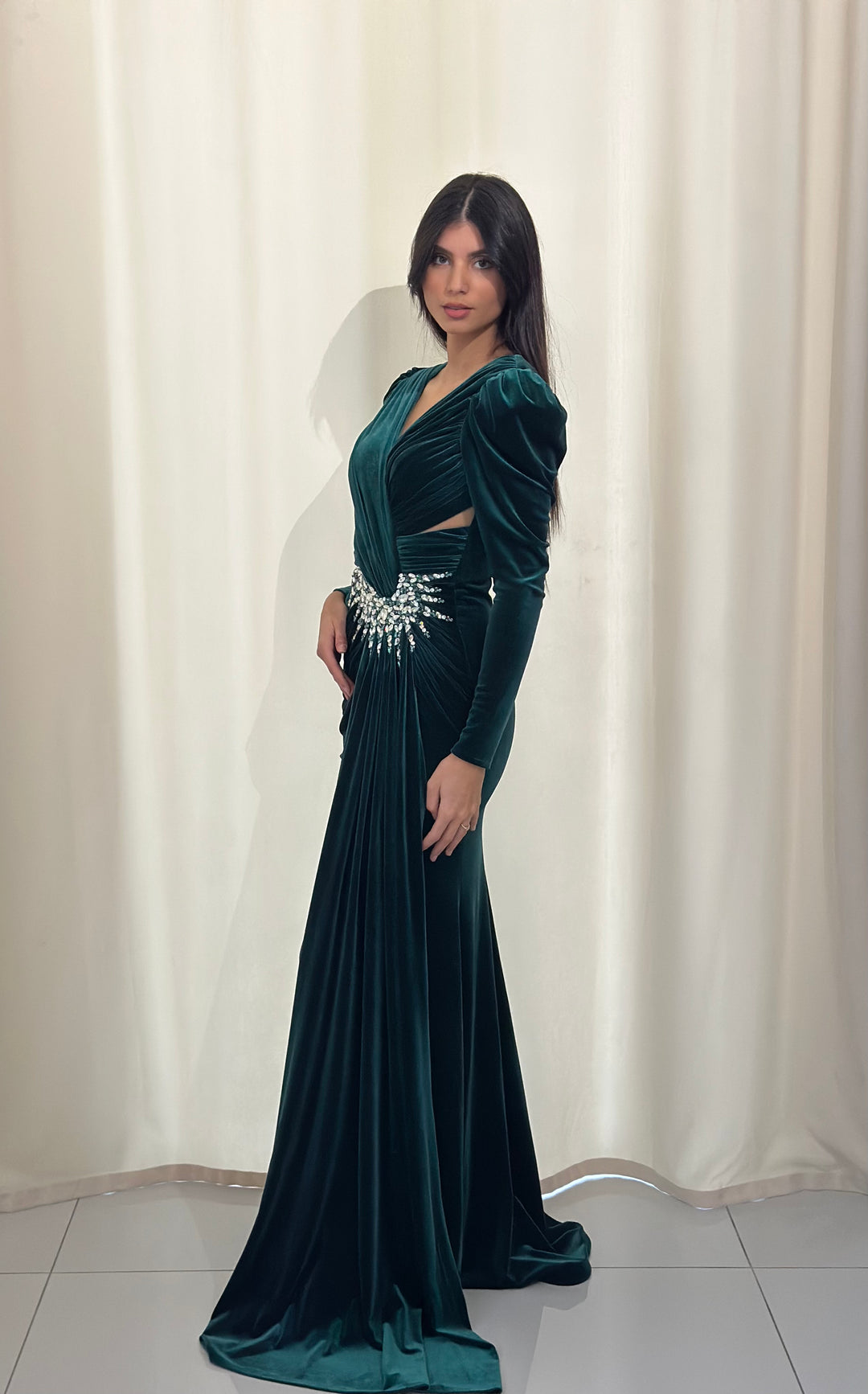 robe de soirée élégante vert en velour