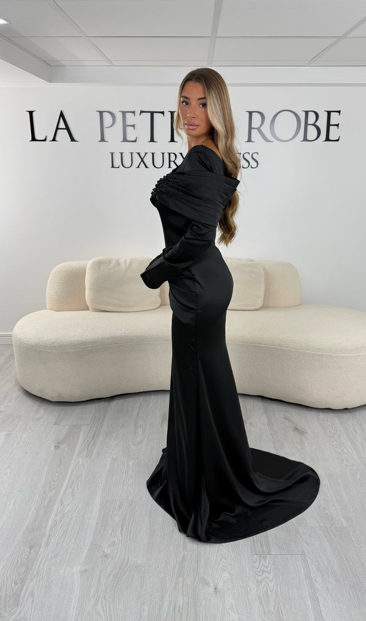 Robe de soirée noire coupe sirène avec buste drapé et perles ton sur ton - Laura