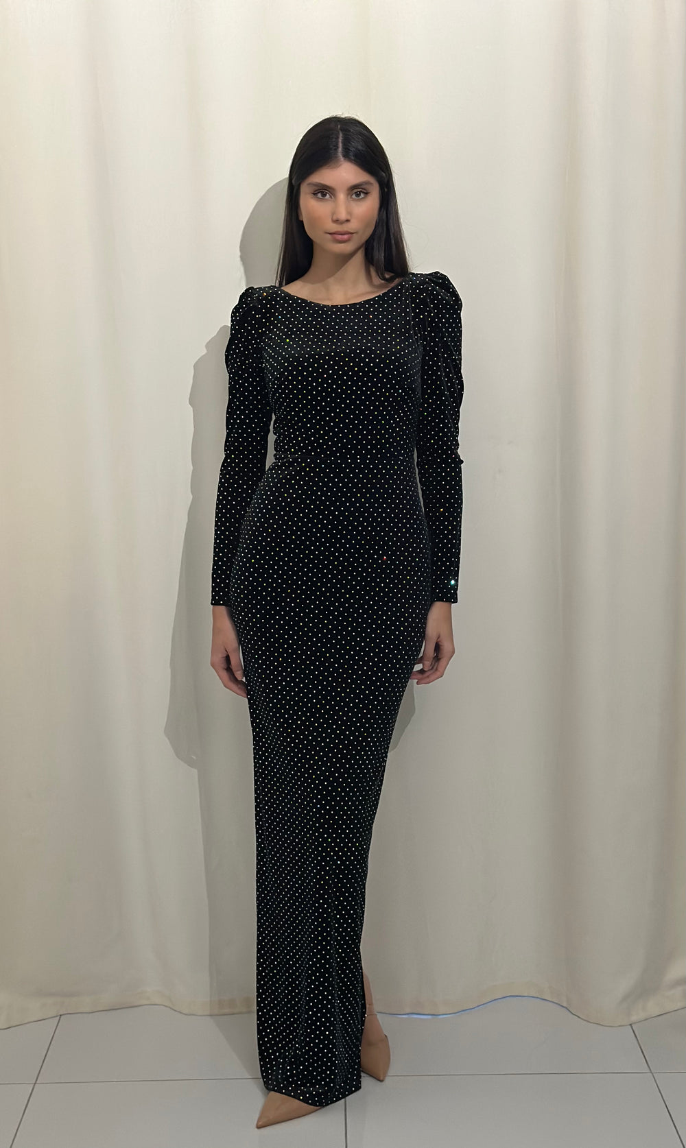 robe de soirée noir col rond velour 