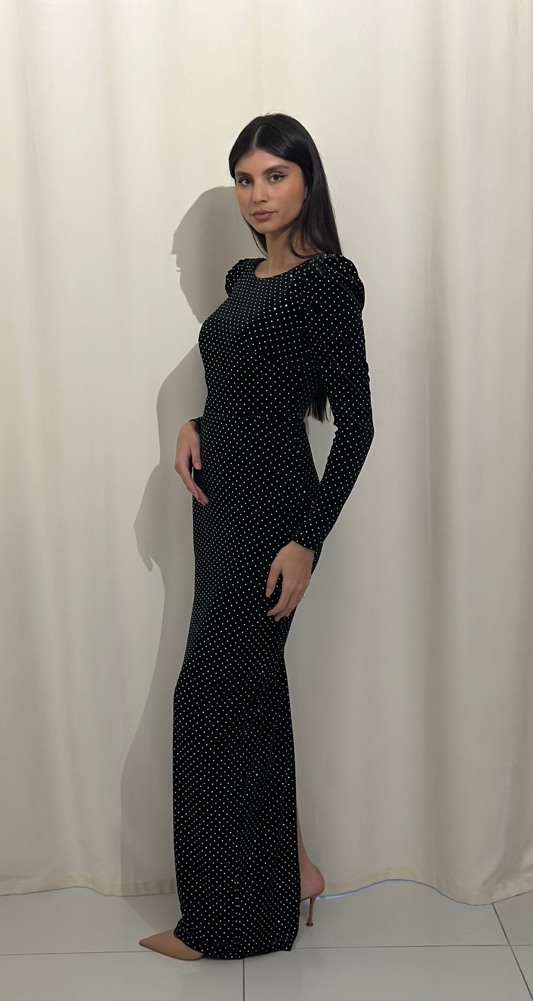 robe de soirée noir col rond velour 