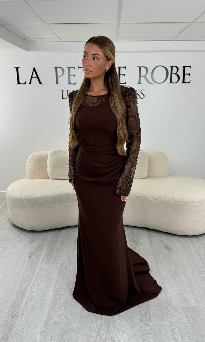 Robe de soirée marron à empiècement d'épaules en dentelle transparente - Elora
