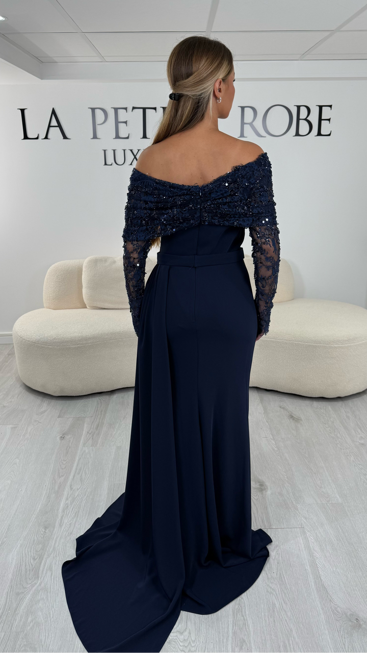 Robe de soirée bleu marine longue avec traîne au sol - Alessia
