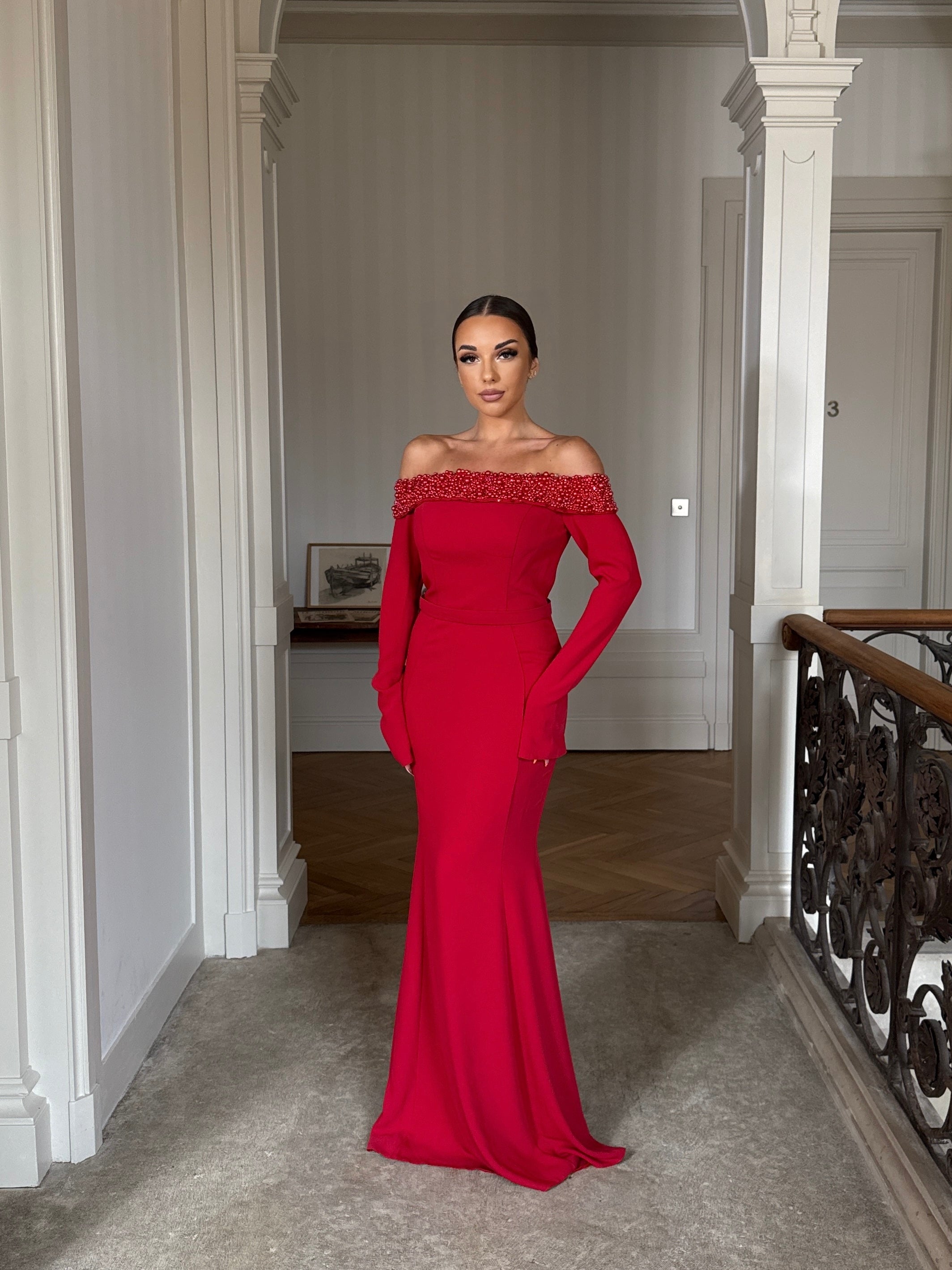 robe de soirée élégante rouge, sans fente, col bateau, avec manche, pour demoiselle d'honneur pour tout type d'événement, mariage, cérémonie, gala