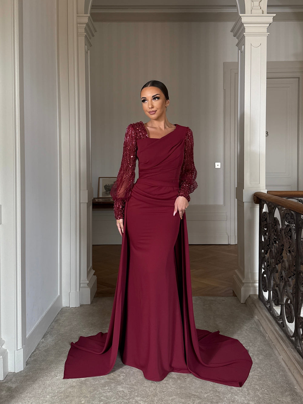 Longue de soirée bordeaux sans fente