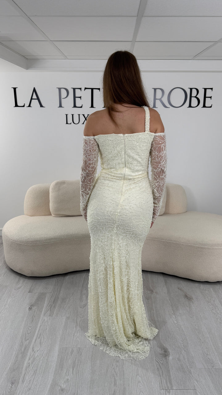 Robe de soirée jaune Nilay, dos fermé et traîne au sol