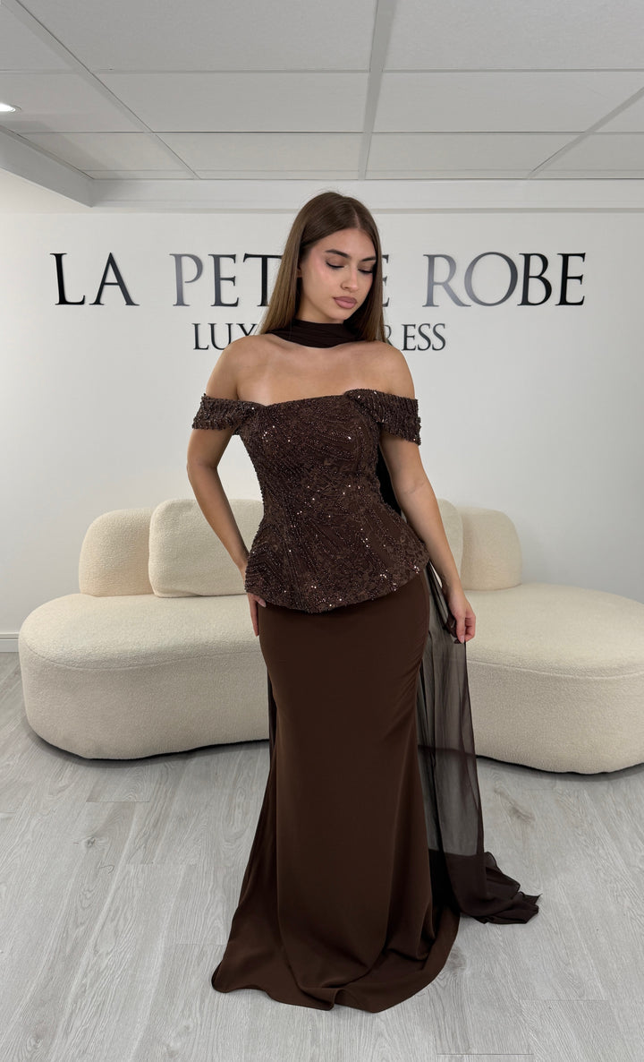 Robe de soirée deux pièces marron Eylin, top corset perlé et jupe sirène en satin