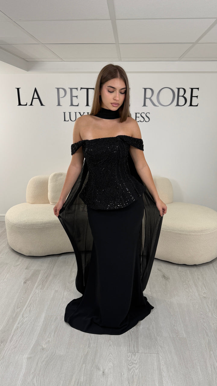 Top corset Eylin noir : broderie géométrique perlée, épaules dénudées et basque