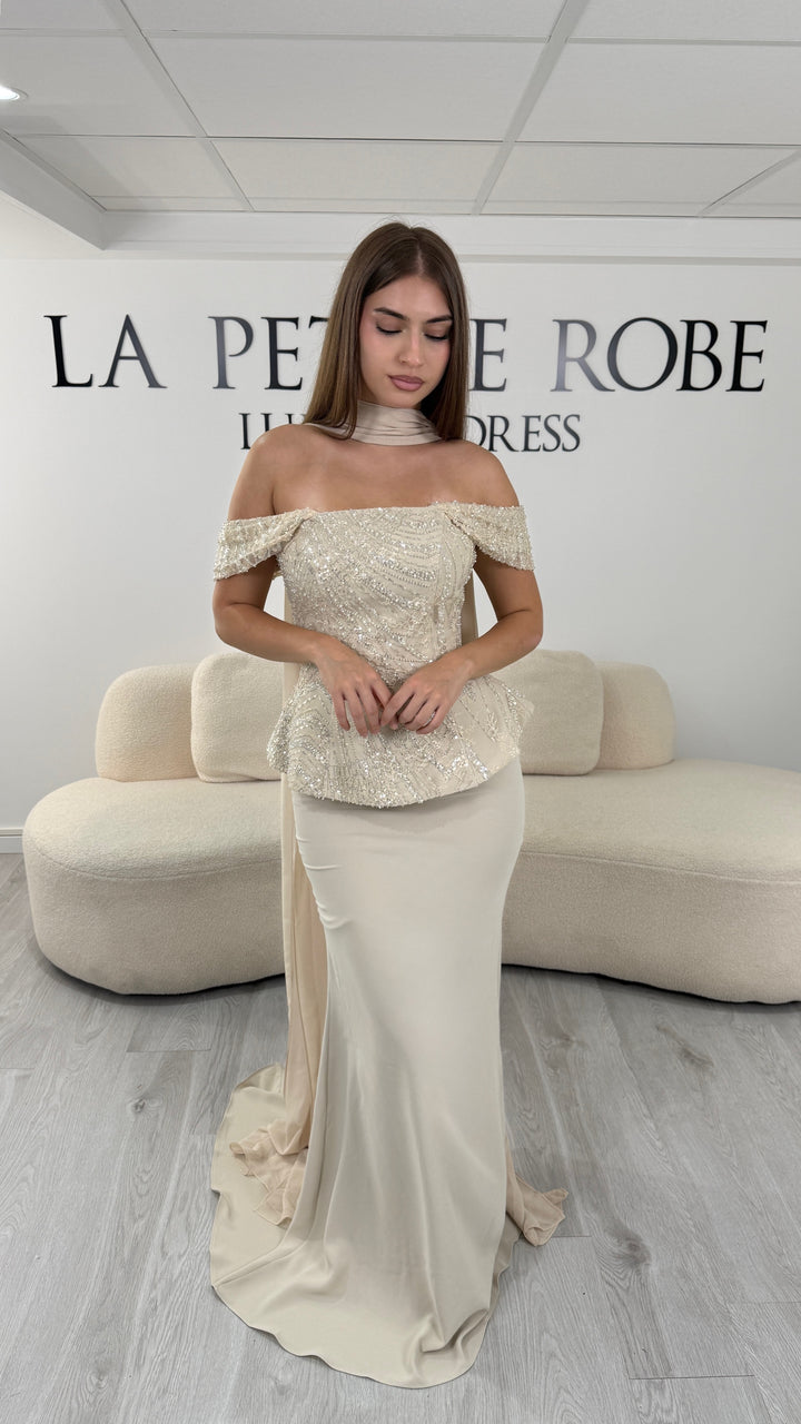 Top corset Eylin beige : broderie géométrique perlée, épaules dénudées et basque