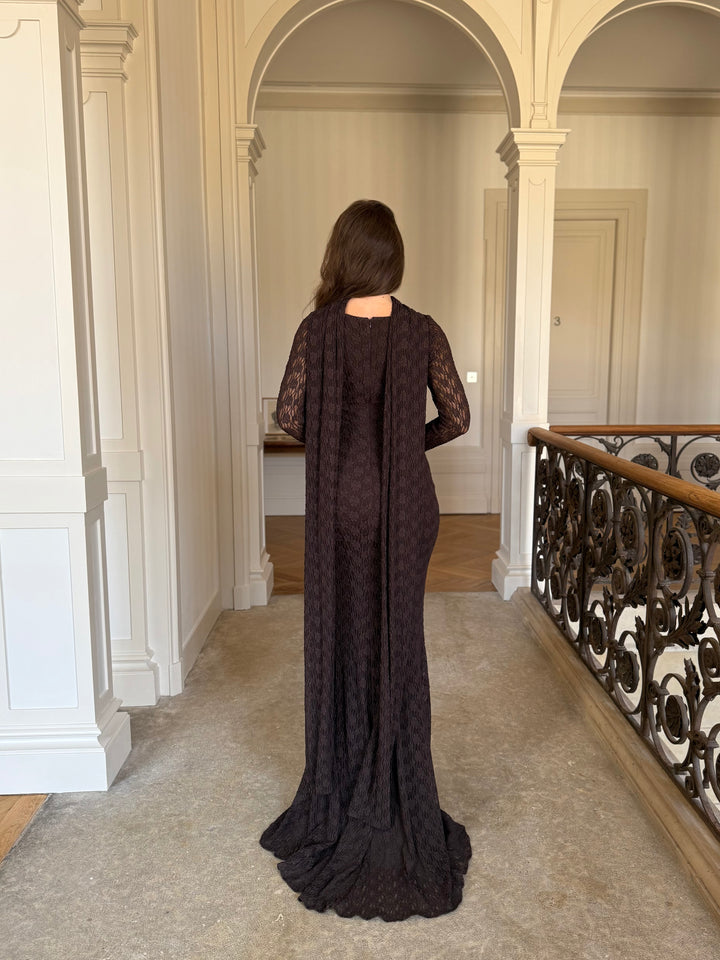 longue robe de soirée élégante marron, sans fente, avec une traine, col carré, pour tout type d'événement, mariage, gala, cérémonie