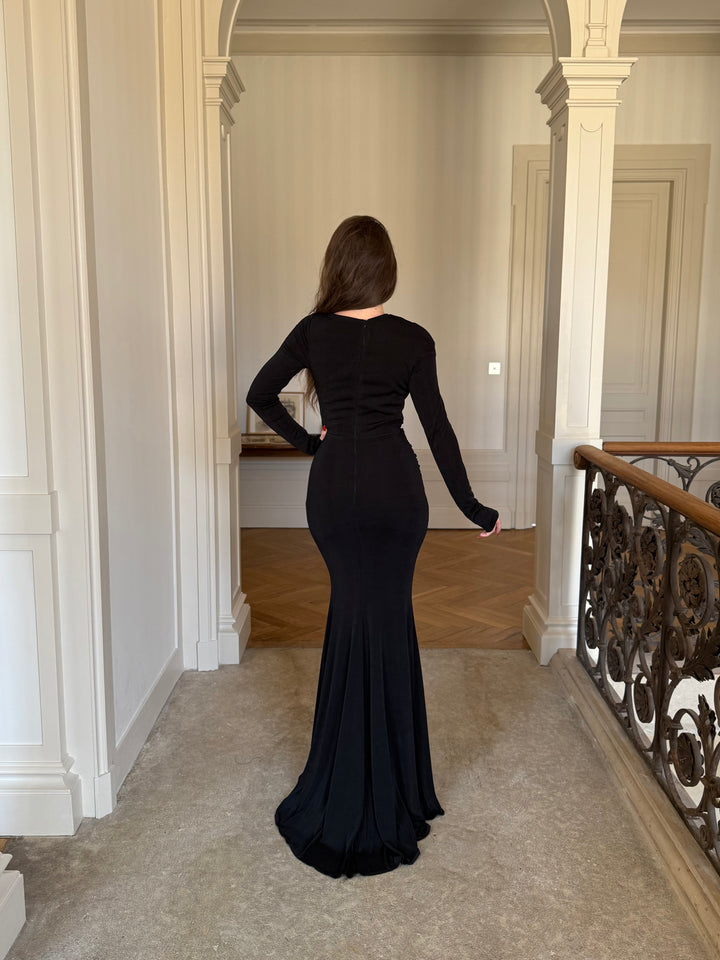 Longue robe de soirée chic noir, manche longue, sans fente, col rond pour tout type d'évenement, mariage, gala, cérémonie