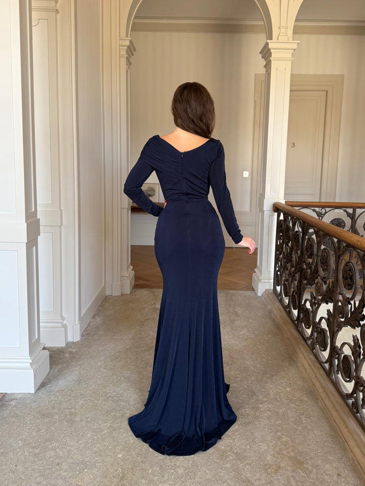Longue robe de soirée bleu marine élégante, col carré avec effet drapé, sans fente, manche longue pour tout type d'événement, mariage, gala, cérémonie, 