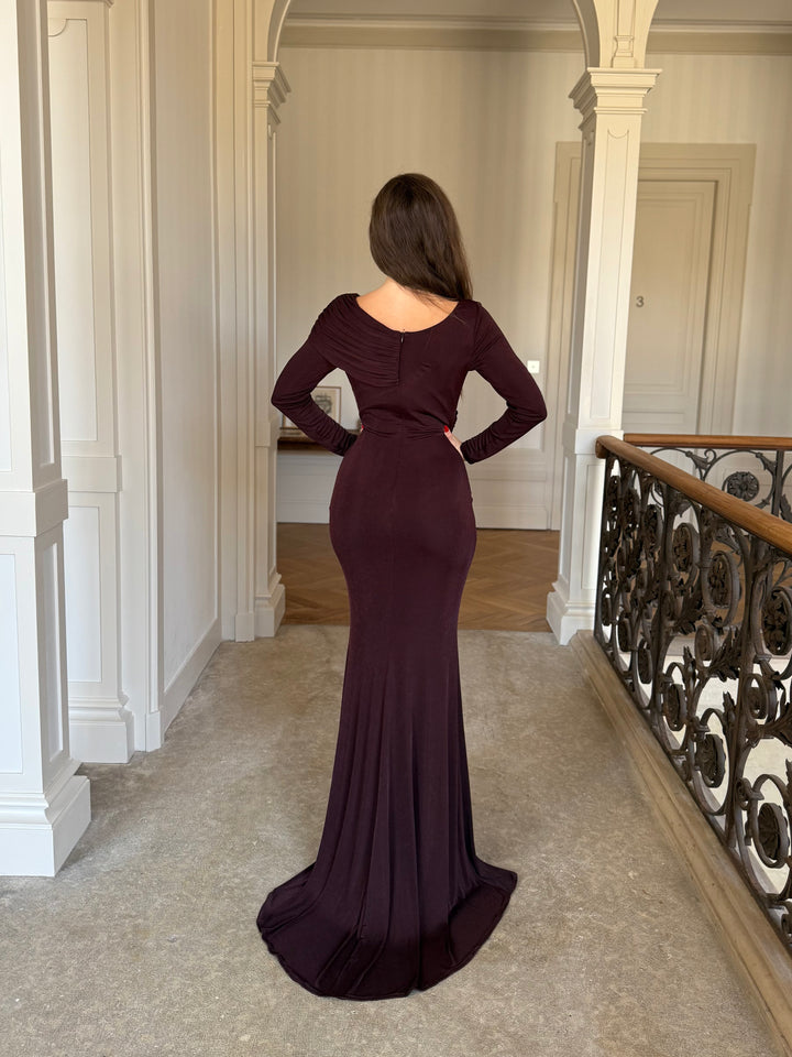 élégante longue robe de soirée marron, col carré avec effet drapé, manche longue, sans fente, pour tout type d'événement, mariage, gala , cérémonie