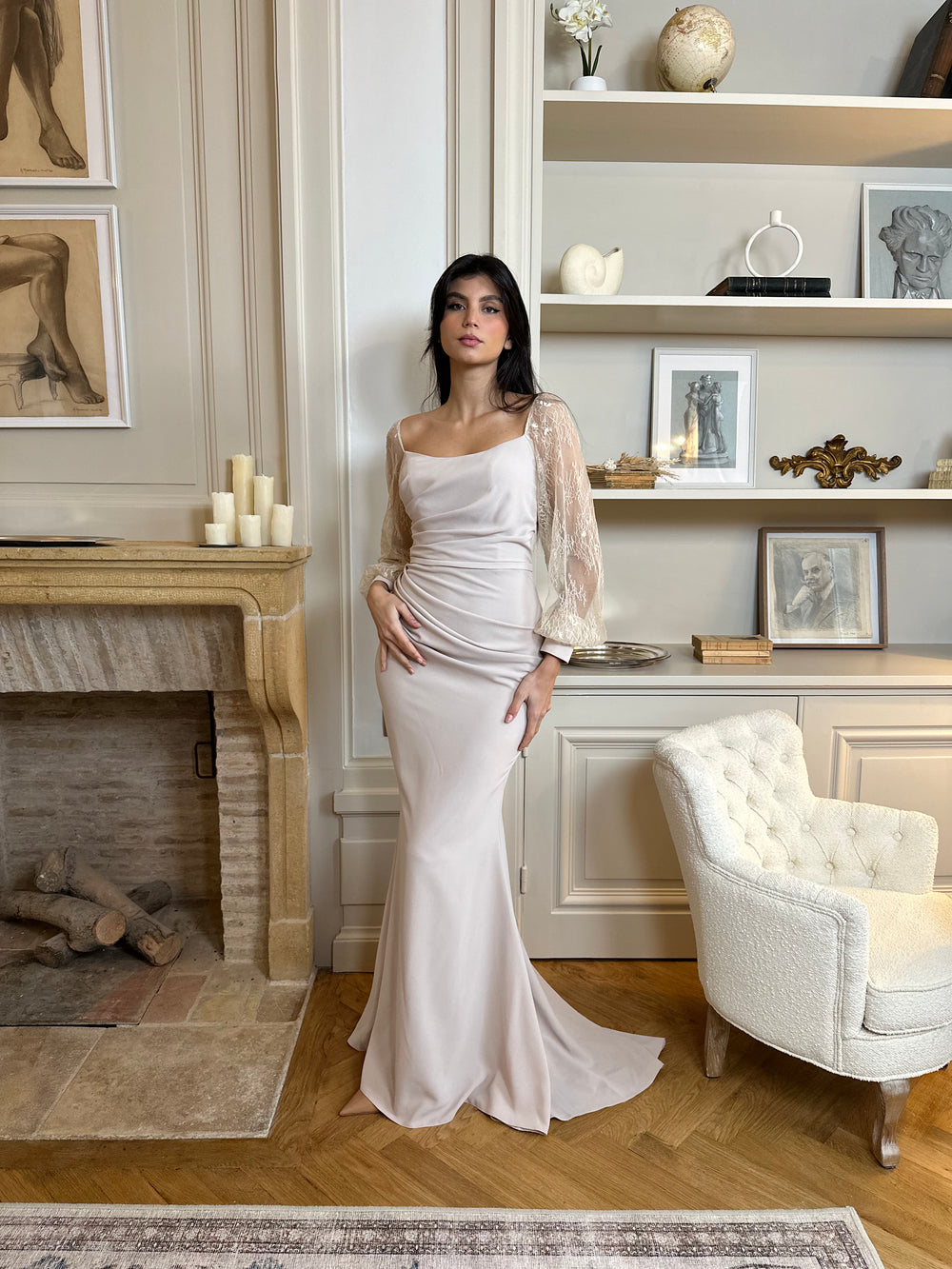 Longue robe de demoiselle d'honneur beige, sans fente, col rond, manche longue, idéale pour demoiselle d'honneur et tout type d'événement mariage, gala, cérémonie, 