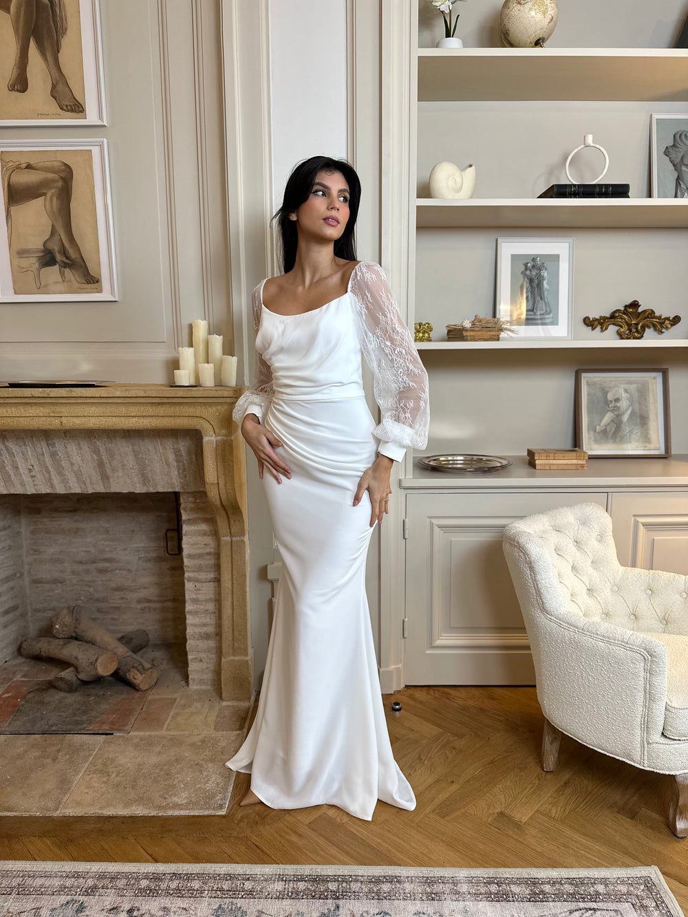 Longue robe de mariée blanche élégante, sans fente, col rond, manche longue, idéale pour demoiselle d'honneur et tout type d'événement mariage, gala, cérémonie, 