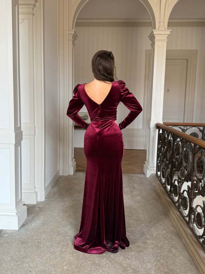Longue robe de soirée sans fente élégante bordeaux en velour pour tout type d'événement mariage gala cérémonie demoiselle d'honneur