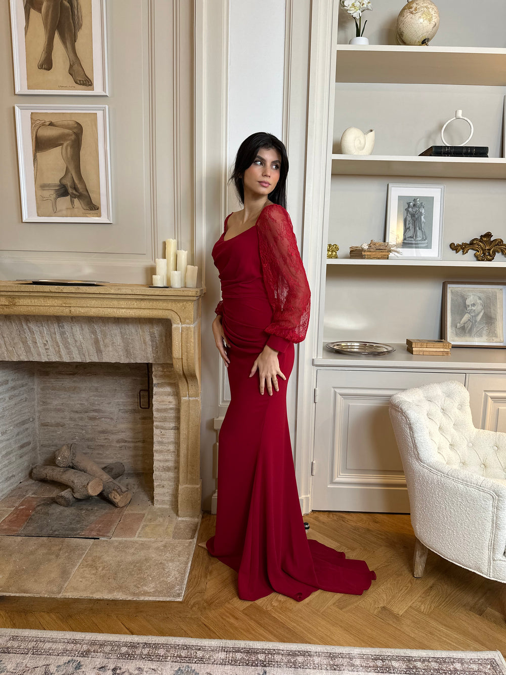 chic longue robe de soirée rouge, sans fente, col rond, manche longue, idéale pour demoiselle d'honneur et tout type d'événement mariage, gala, cérémonie, 