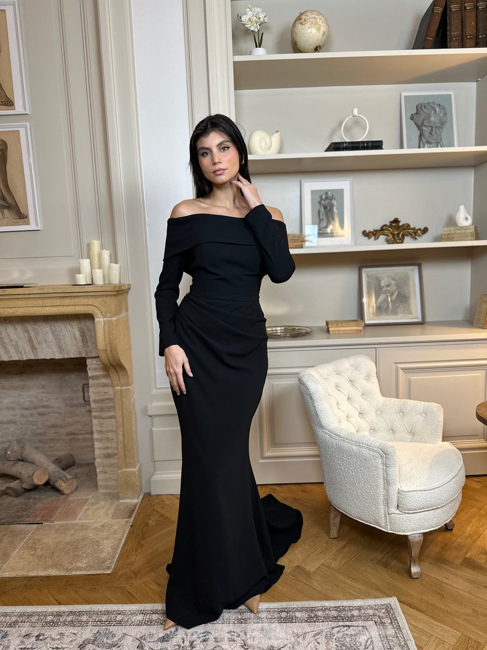 chic longue robe de soirée noir pour demoiselle d'honneur, sans fente, manche longue, col bateau, pour tout type d'événement, mariage, gala, cérémonie