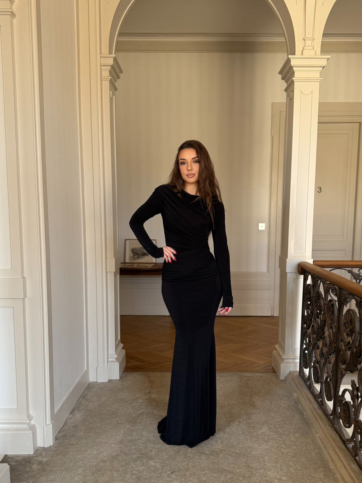 Longue robe de soirée chic noir, manche longue, sans fente, col rond pour tout type d'évenement, mariage, gala, cérémonie