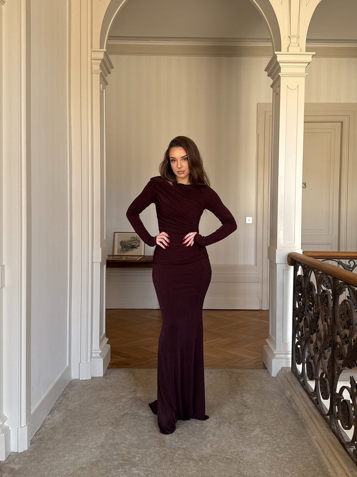 Longue robe de soirée chic marron, manche longue, sans fente, col rond pour tout type d'événement, mariage, gala, cérémonie