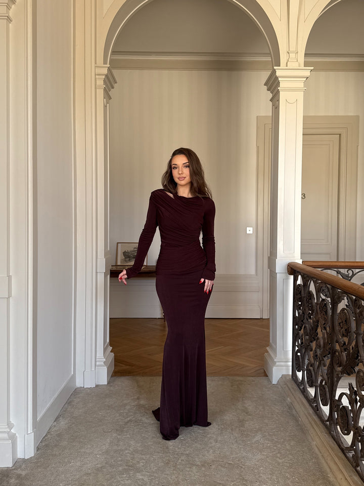 Longue robe de soirée chic marron, manche longue, sans fente, col rond pour tout type d'événement, mariage, gala, cérémonie