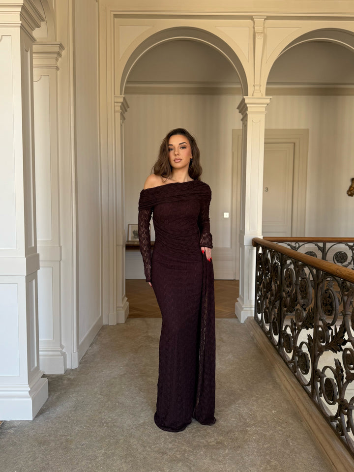 élégante longue robe de soirée marron, col asymétrique, manche longue, fente à l'arrière, pour tout type d'événement, mariage, gala, cérémonie