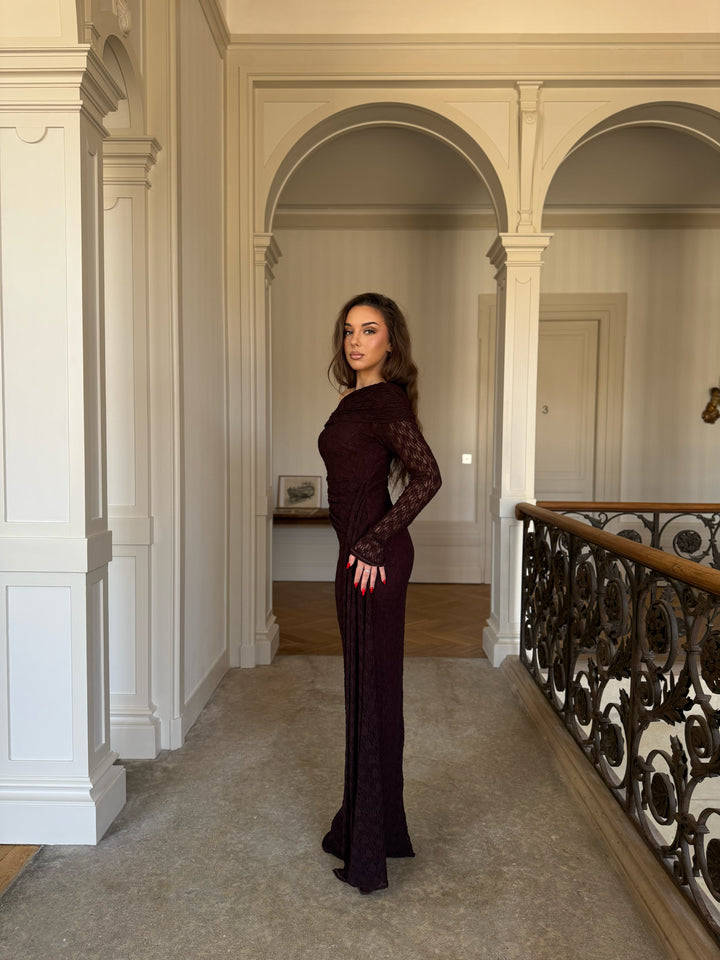 élégante longue robe de soirée marron, col asymétrique, manche longue, fente à l'arrière, pour tout type d'événement, mariage, gala, cérémonie