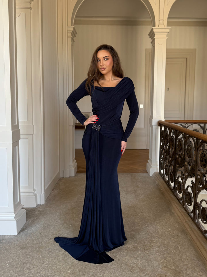 Longue robe de soirée bleu marine élégante, col carré avec effet drapé, sans fente, manche longue pour tout type d'événement, mariage, gala, cérémonie, 