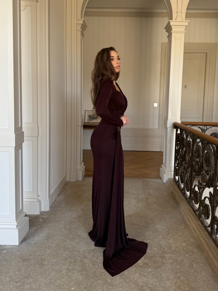 élégante longue robe de soirée marron, col carré avec effet drapé, manche longue, sans fente, pour tout type d'événement, mariage, gala , cérémonie