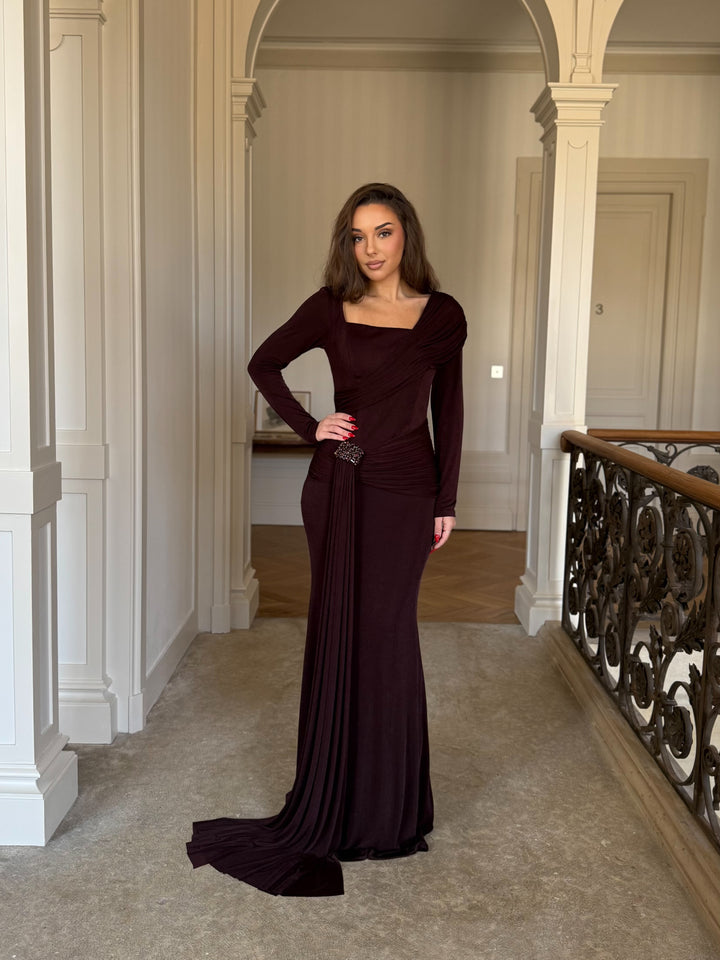 élégante longue robe de soirée marron, col carré avec effet drapé, manche longue, sans fente, pour tout type d'événement, mariage, gala , cérémonie