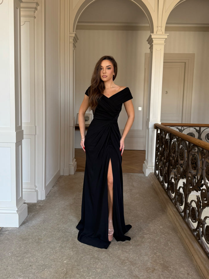 robe de soirée noir col bateau sans manche avec une fente pour tout type d'événement, mariage, gala cérémonie