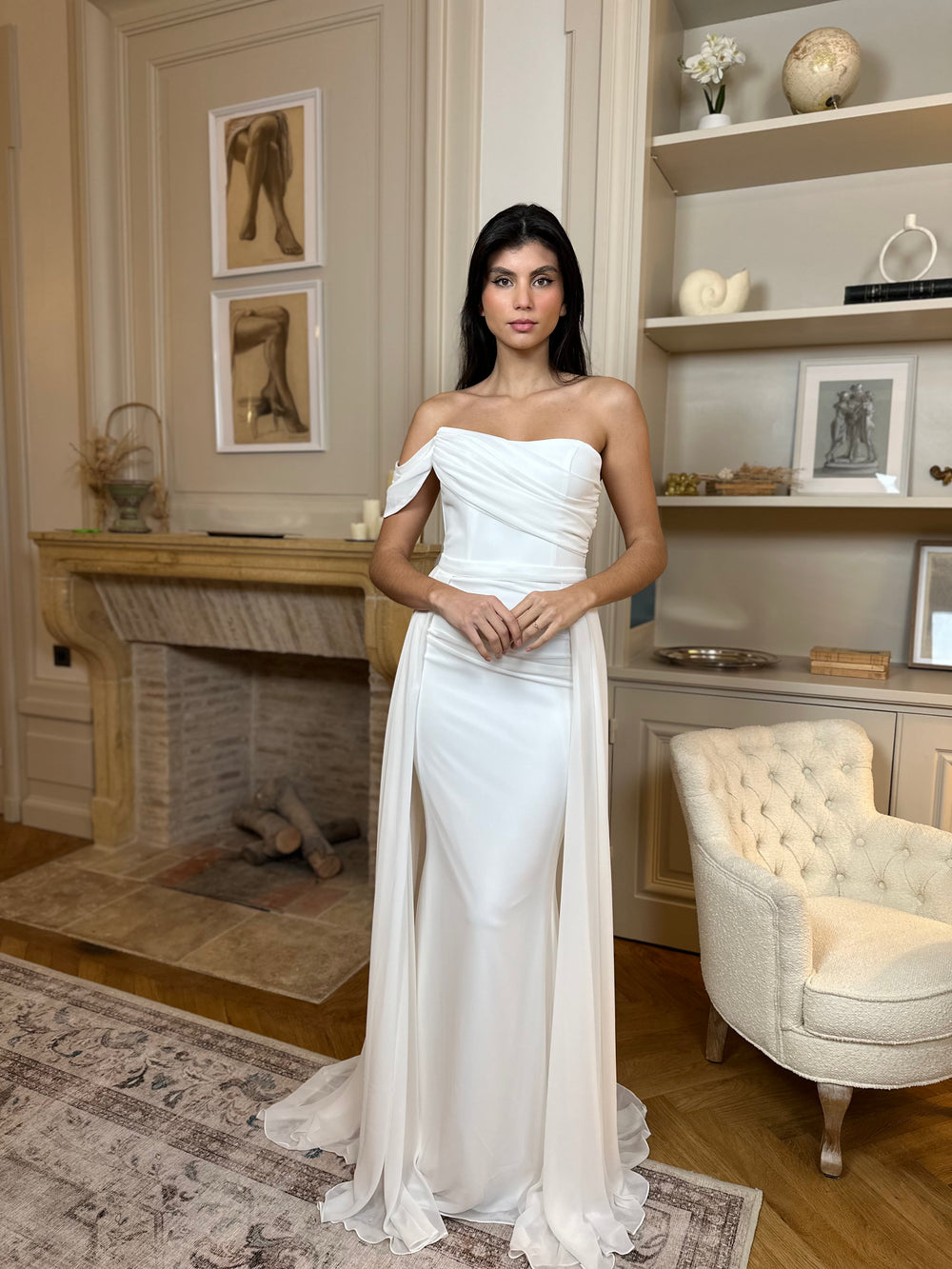 élégante robe de mariée blanche, sans fente, surjupe retirable, col bateau, sans manche, pour demoiselle d'honneur, pour tout type d'événement, gala, cérémonie, mariage.