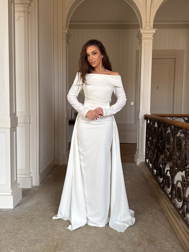 Robe de soirée élégante blanc, col bateau, sans fente, manche longue, avec une traine, pour tout type d'événement, mariage, gala, cérémonie