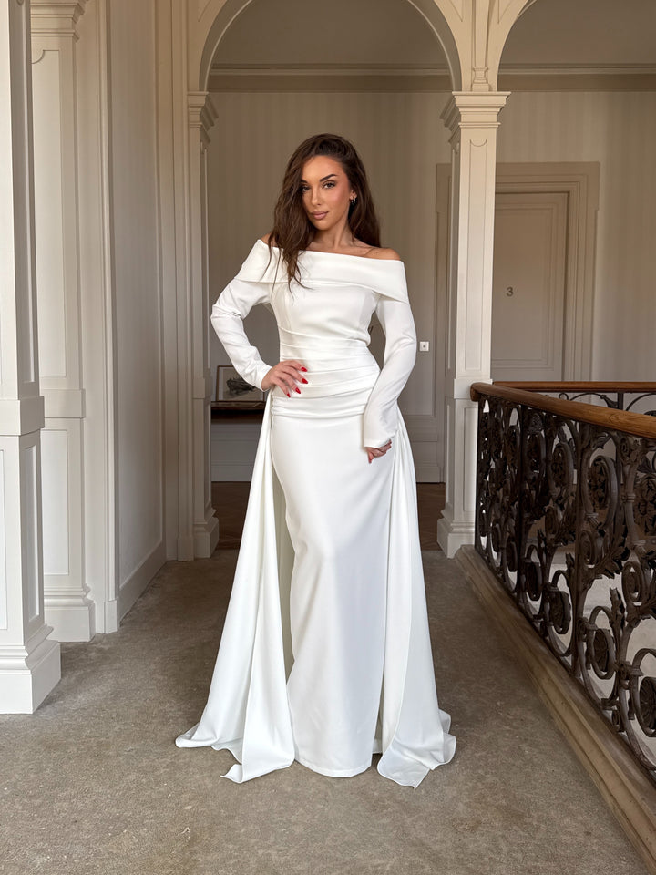 Robe de soirée élégante blanc, col bateau, sans fente, manche longue, avec une traine, pour tout type d'événement, mariage, gala, cérémonie