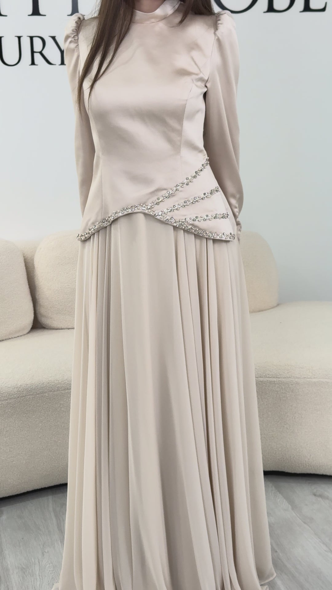 Modest beige evening dress - Sema