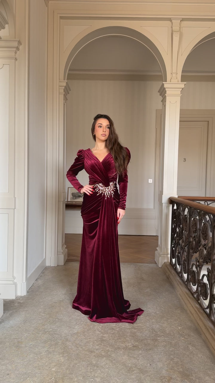 Longue robe de soirée sans fente élégante bordeaux en velour pour tout type d'événement mariage gala cérémonie demoiselle d'honneur