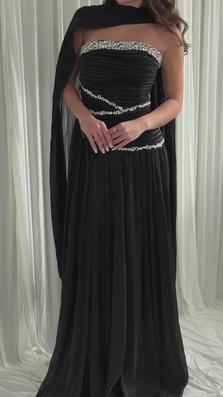 Robe de soirée noire plissée bustier à strass - Selda
