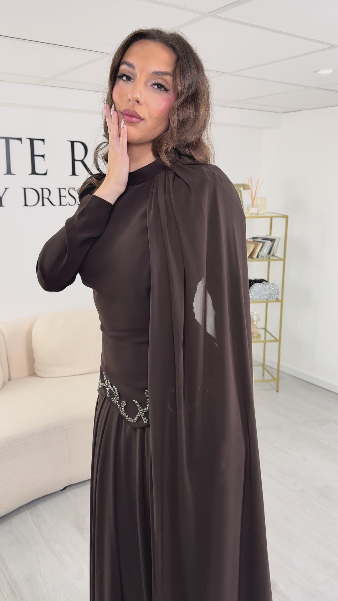 Robe de soirée modeste marron - Elisa