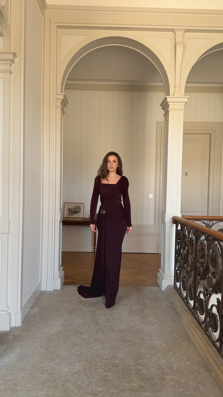 élégante longue robe de soirée marron, col carré avec effet drapé, manche longue, sans fente, pour tout type d'événement, mariage, gala , cérémonie