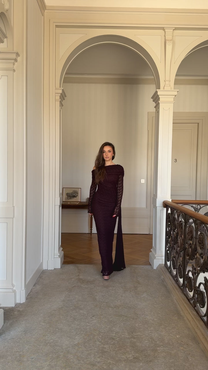 élégante longue robe de soirée marron, col asymétrique, manche longue, fente à l'arrière, pour tout type d'événement, mariage, gala, cérémonie