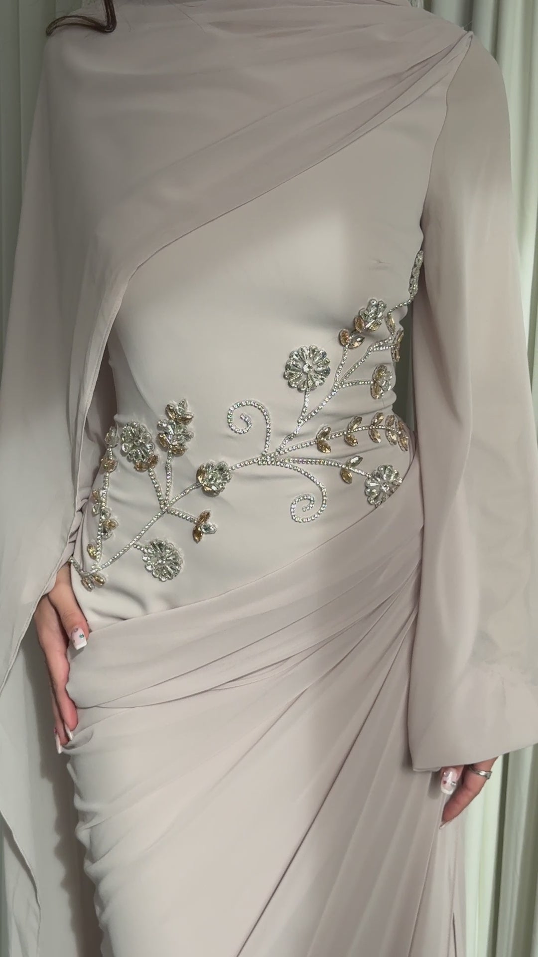 Beige modest evening dress with embroidered cape scarf – Sefana